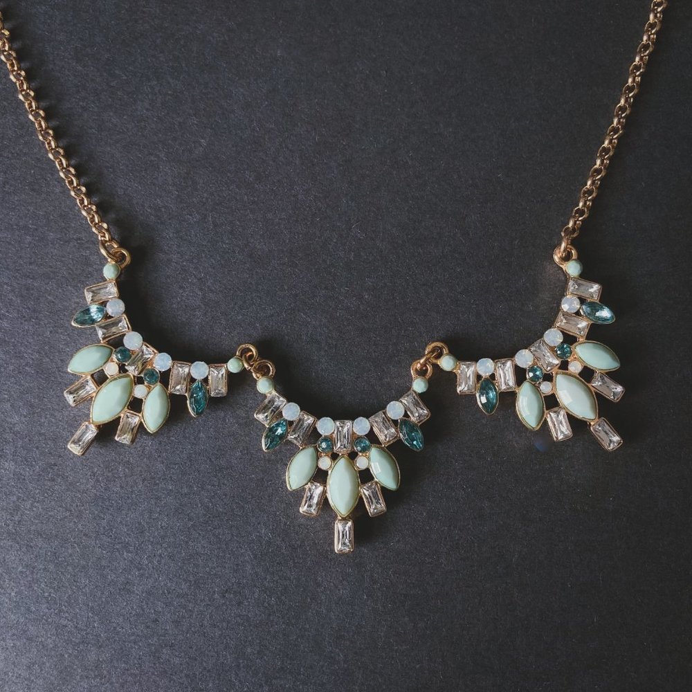 Art Deco Blue Rhinestone Gold Statement Necklace - Picture 1 of 9